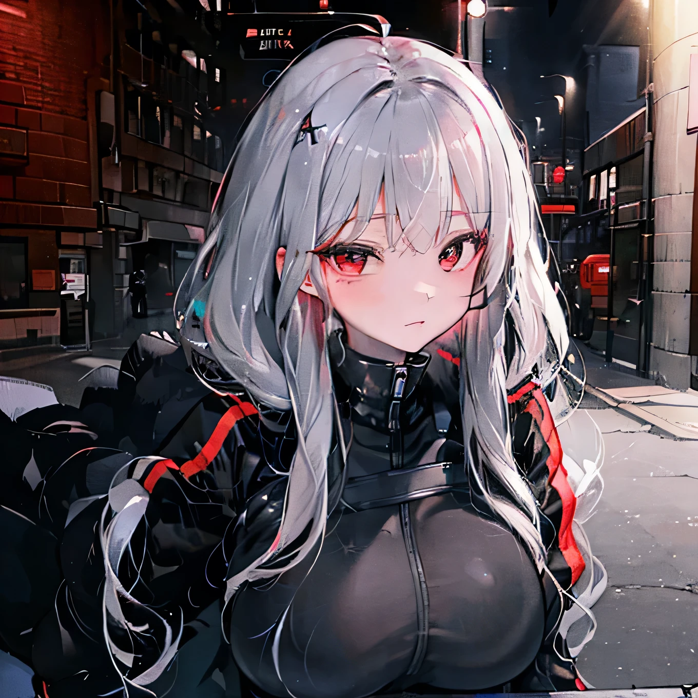 Black with red eyes, silver hair, long hair, cute face, G_CUP(BREASTS), black death suit, 