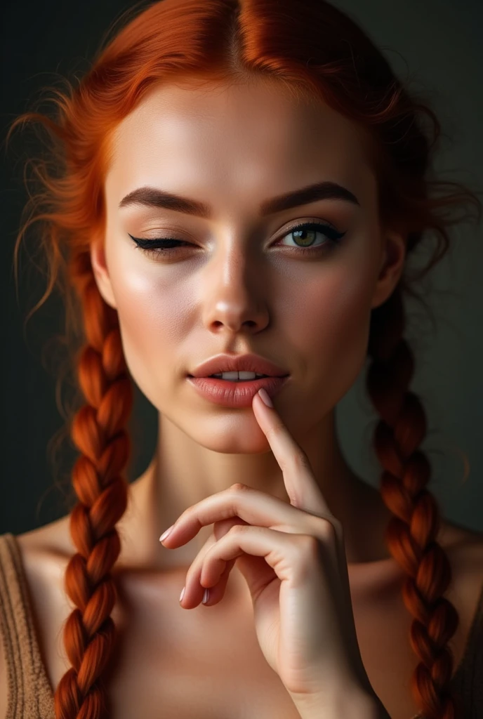 a woman with one eye closed, winking, with red hair in twin braids, thick eyebrows, hand on chin pose, mouth slightly open, highly detailed, photorealistic, 8K, hyperrealistic, detailed face, beautiful detailed eyes, beautiful detailed lips, extremely detailed eyes and face, long eyelashes, realistic skin texture, portrait, warm lighting, soft focus, cinematic, dramatic composition