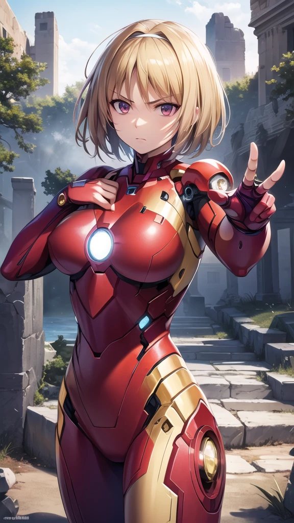 masterpiece, best quality, highres, aakikyo, short hair, hair intakes, white hairband, iron man, bodysuit, serious, fighting stance, ruins, outdoors, cowboy shot, open hand,