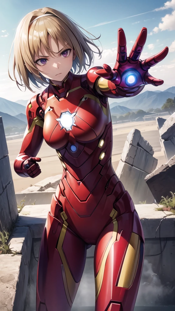 masterpiece, best quality, highres, aakikyo, short hair, hair intakes, white hairband, iron man, bodysuit, serious, fighting stance, ruins, outdoors, cowboy shot, open hand,