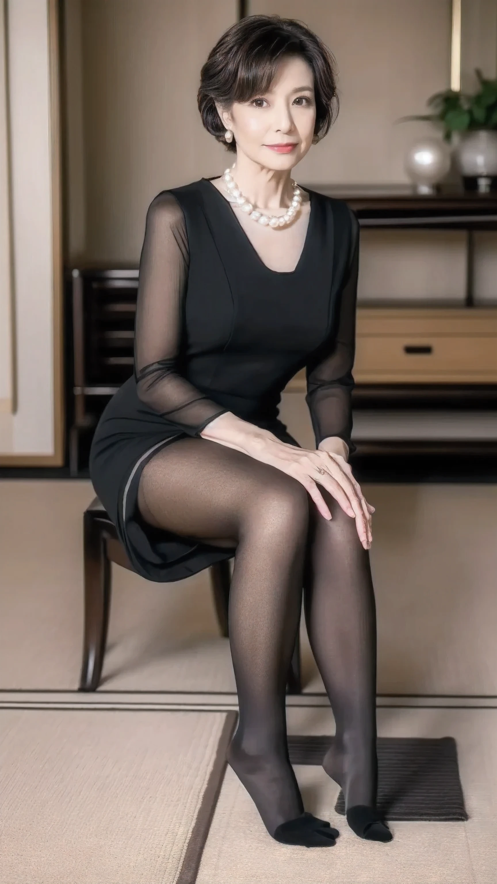 (( best quality)), ((8k)), ((masterpiece: 1.3)), ( perfect appearance ), ( photorealism : 1.6), (nn), (mature woman in mourning clothes ),  perfect anatomy, ((Age 65)), ((Chic Black Dress ,  black pantyhose )), ((Calm multiple pearl necklace)), (( sitting on the side with her knees aligned)), ( curly hair short bob hair), ((A mature woman with a calm appearance)), ((Japanese-style room with tatami mats)),