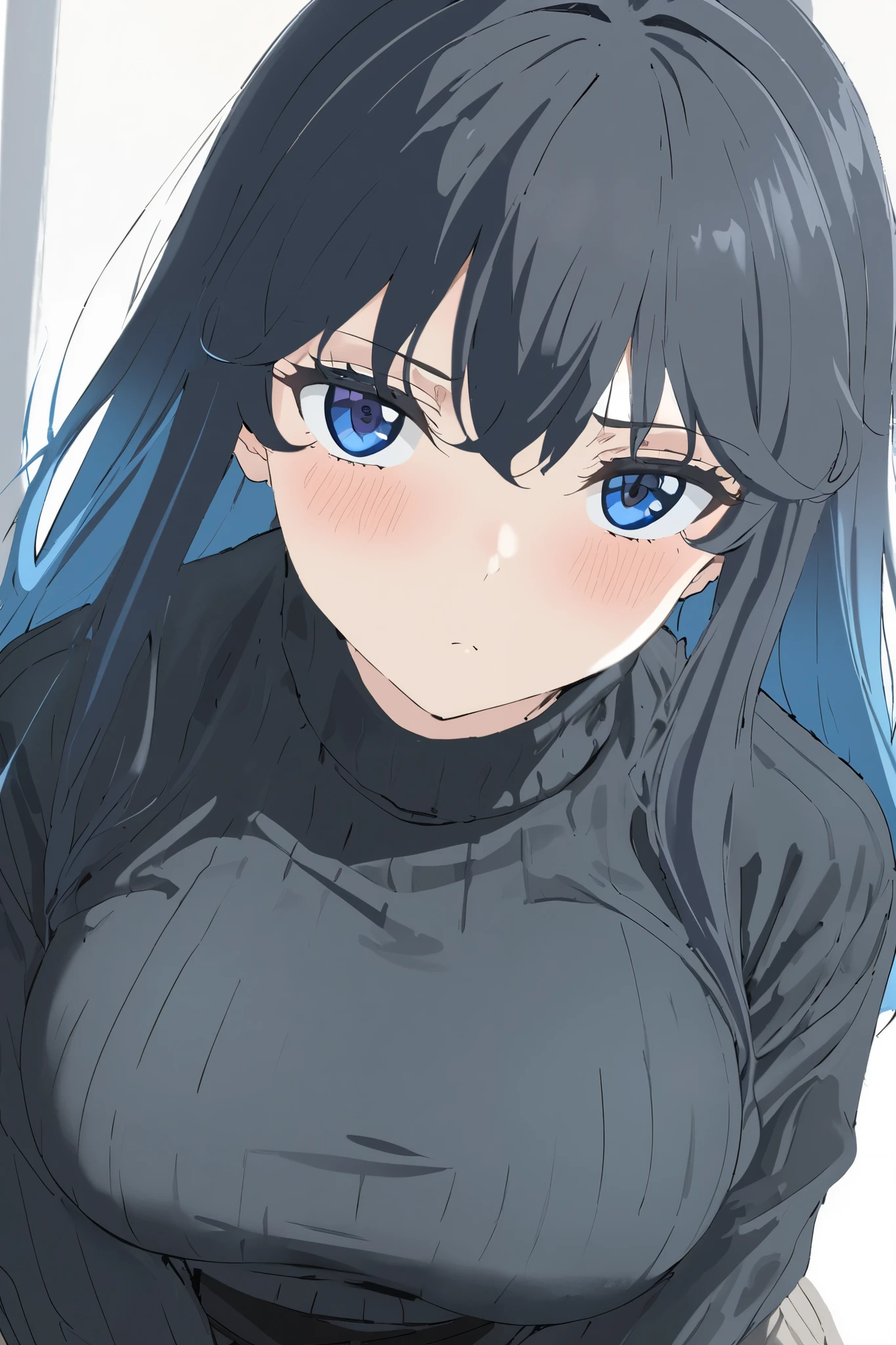 (masterpiece, best quality) {{Artist: sincos)}} 1girl, solo, long hair, black hair that gradients into an azure blue, blue eyes, large breasts, black sweater, turtleneck sweater, black skirt, black thighhighs.