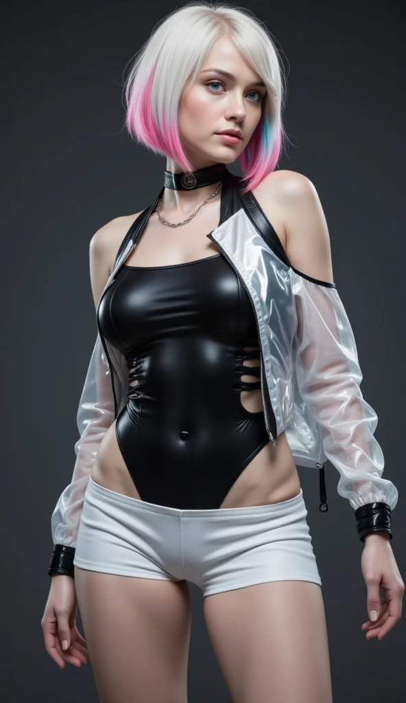 "Ultra-high resolution, UHD, ultra-detailed, hyper-realistic skin texture, high-quality rendering, photorealistic portrait of a character named Lucy from cyberpunk edge-runner, . She has a choppy bob hairstyle with asymmetrical, pure white hair styled in layered fashion, featuring short pink and blue highlights. One side of her hair is longer, reaching her shoulder, while the other side is shorter, stopping at her neck." she is wearing a black Deep neck glossy mesh leotard, white short length off shoulder glossy metallic transparent jacket, white glossy shorts,  and black thigh length glossy boots , her outfit styling is inspired by cyberpunk fashion, cyberpunk outfit , futuristic fashion , Lucy outfit 