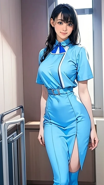 there is a nurse in the hospital wearing a light blue nurse uniform、Beautiful, long legs 、Blue long hair、 thin waist、 blue stockings 、Smiling Kindl