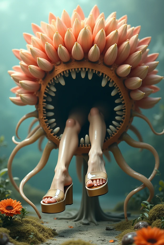 A surrealist painting、A giant pitcher plant is eating a person