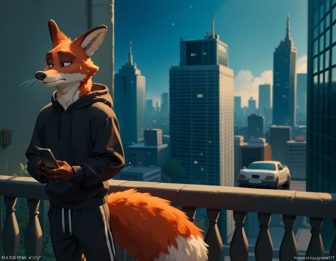 Outside, leaning againts balcony, New York City, night time. wearing a black hoodie, wearing black sweatpants, using phone, skinny, furry Red Fox, apartment building