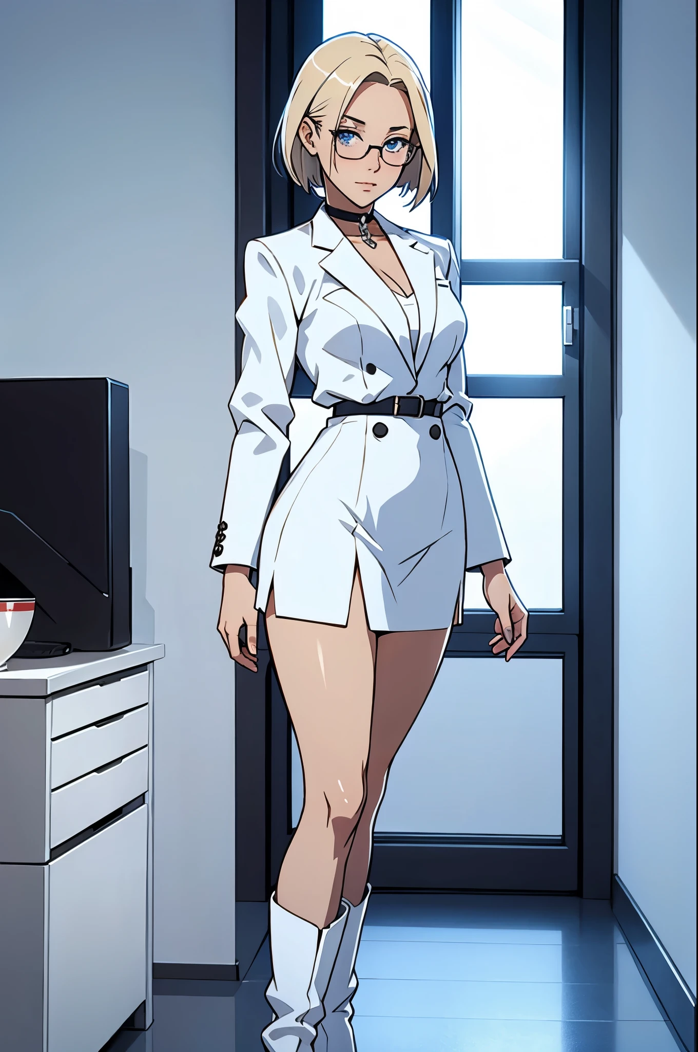 Anime - style woman in white suit and boots standing in a room - SeaArt AI