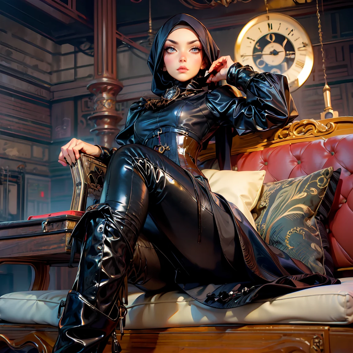 (masterpiece), anime style, 1girl, expressive eyes, beautiful face, black mascara, sharp mascara, thick eyelashes, black eye shadow, black hijab, warrior face, steampunk outfit, cog, mecog, corset, long sleeves, long trousers, high boots, knives, assassin, leather gloves, reading a book, library, ((sitting on a cushion)), crossing legs, looking to you, facing viewer,