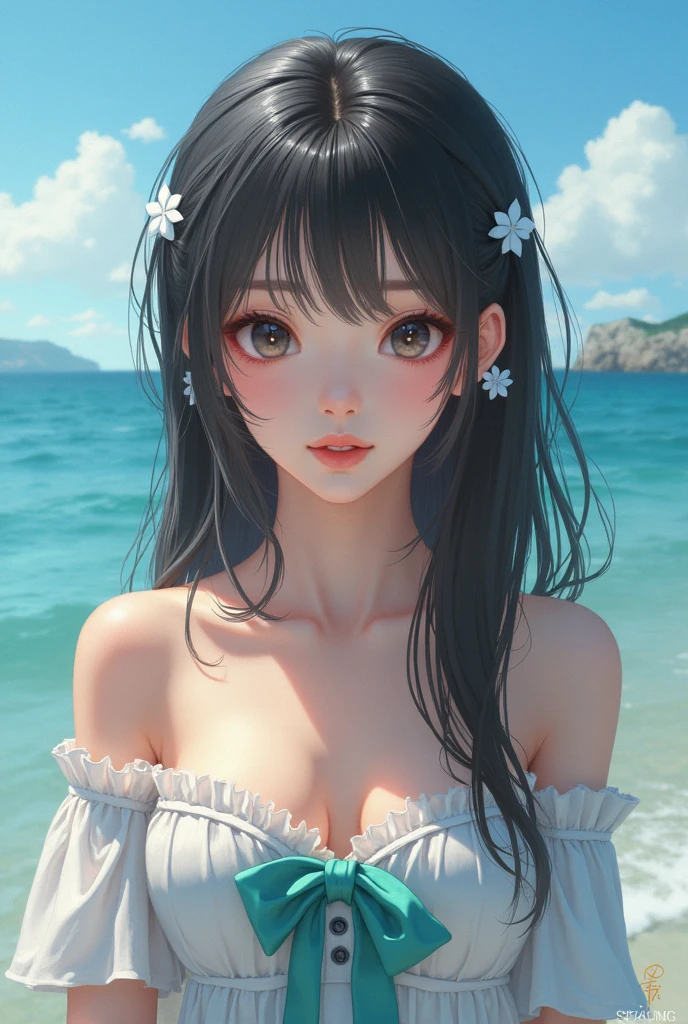 ((masterpiece)), ((best quality)), (detailed), (girl), slant eyes, wavy hair, light black hair, large breasts, photograph, beautiful detailed face, detailed eyes, (embarrassed,blush:1.2), (Swimwear), light smile, upper body