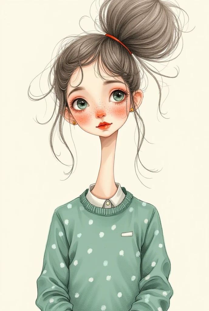 ( is of the best quality,4K,8K, high resolution,masterpiece:1.2),Super details,(actual,photoactual,photo-actual:1.37),Unique style, charming girl sitting,Long Neck,Big Head,Exaggerated hairstyle,hairy hair,Freckles,  exaggerated expression  , surrealism , duck egg green polka dot sweater ,细节,,hairy,sock,Clean background,Hand-drawn style,Pencil drawing, charming, Smooth Lines ,Clean silhouette,Simple composition 