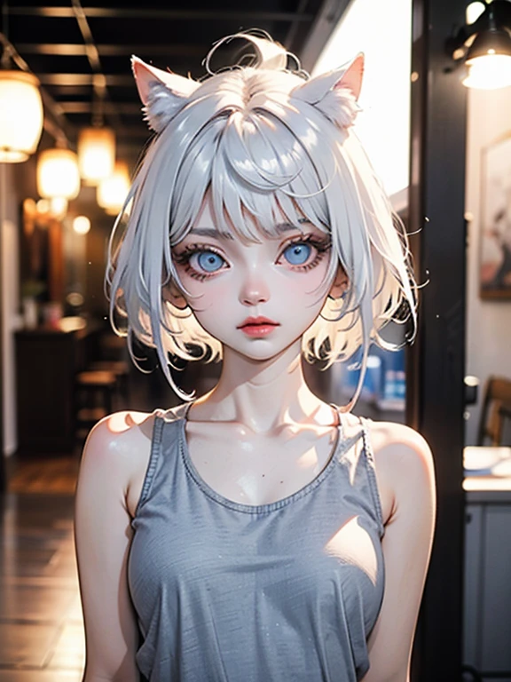  silver hair,  Short and Curly , cat ears, red eyes, Large pupils, Strong Eyes,  double eyelids , Thin eyebrows, Long eyelashes, small nose, Small Mouth,((:3)), Sharp jaw,  blue military style coat , Six gold buttons,  short shorts with orange stripes, High collar,  long sleeve, Thin wrists, Flexible fingers,  white skin, Cat-like claws,  orange striped over-the-knee socks , Blue shoes, Thin ankles, Small feet, Long legs, Tied behind a muscular thigh ,  thin waist, Cat-like gaze, Strong upper arms, Soft hands, Small palms, Cat-like smile, serious frown, pink insides of ears, Thin eyelids,  upward-curled eyelashes ,  vertical slit pupils , Lots of lower eyelashes, Thin lips, Protruding collarbone, High waist, Knee joints, Tied behind a muscular thigh , articulated knees , Tight socks,  neatly tied shoelaces , Soft cat ears,  soft and fluffy hair , Thin eyebrows,  pale pink lips, White teeth, Well-shaped lips,  smooth skin,  slightly bent cat ears , Tight-fitting coat, Shiny buttons, Slightly old shoes,  hair fluttering like the wind, Sparkling Eyes, Moving cat ears, night, Medieval city background, moonlight, 星月night, On all fours, Crawl, (( above a high cobblestone wall )), Get closer, 