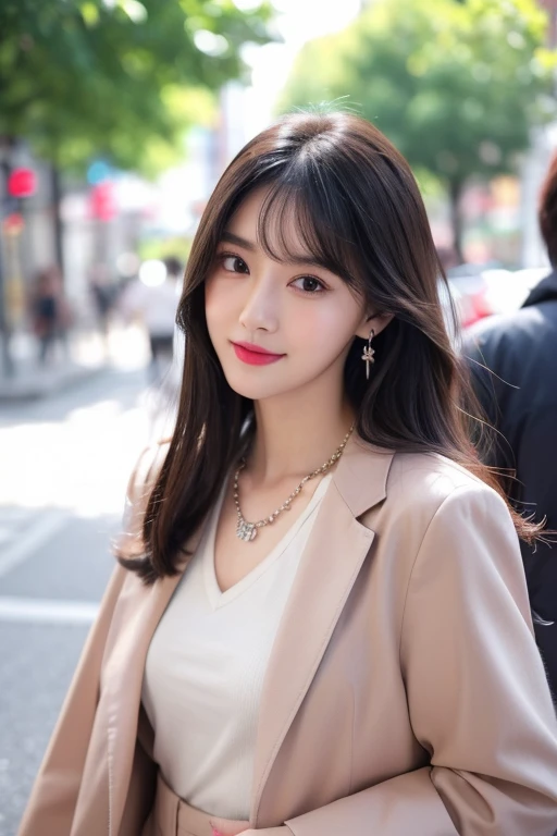 (highest quality, masterpiece:1.3, ultra high resolution), (Super detailed, caustics, 8k), (photorealistic:1.4, RAW shooting), 1 girl, (look at the camera with a smile), 20-year-old, cute, Japanese, gradient hair color, Wolf Bob Kat hairstyle, (bronde hair), Natural lips, (business suits, ripped jeans), (wearing ÉTOILE FILANTE earrings by chanel), (wearing coco crush necklace by chanel), perfect necklace, (perfect earrings), cleavage, (Street in Tokyo at night), bust up shot, face focus, Natural light, Backlight, (A bright light shines from above), (Lens flare), professional writing, perfect bodies, perfect arms, Perfect fingers, perfect legs, perfect hair, pores, Realistic skin texture, perfect teeth, (low position), (Low - Angle)