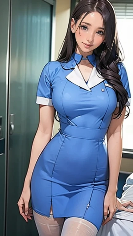 there is a nurse in the hospital wearing a light blue nurse uniform、Beautiful, long legs 、Blue long hair、 thin waist、 blue stockings 、Smiling Kindl