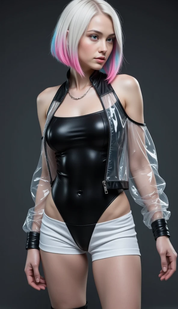 "Ultra-high resolution, UHD, ultra-detailed, hyper-realistic skin texture, high-quality rendering, photorealistic portrait of a character named Lucy from cyberpunk edge-runner, . She has a choppy bob hairstyle with asymmetrical, pure white hair styled in layered fashion, featuring short pink and blue highlights. One side of her hair is longer, reaching her shoulder, while the other side is shorter, stopping at her neck." she is wearing a black Deep neck glossy mesh leotard, white short length off shoulder glossy metallic transparent jacket, white glossy shorts under her leotard, and black thigh length glossy boots , her outfit styling is inspired by cyberpunk fashion, cyberpunk outfit , futuristic fashion , Lucy outfit 