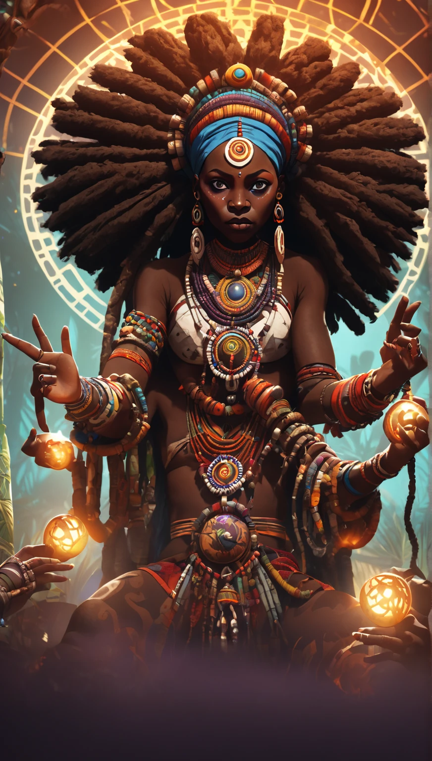 African witch doctor, shaman, voodoo, magic circles, cinematic scene, scenery, detailed background, masterpiece, best quality, high quality, highres, absurdres, very detailed, high resolution, sharp, sharp image, 8k, vivid, colorful, arcane style 