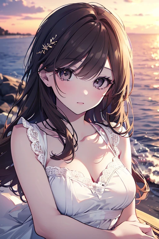 Close-up of a 20 years old girl wearing a dress and cat ears, anime girl, frilled pastel colored summer dress, choker, big rounds breasts, dark brown hair, gradient bangs with red tips, french braid, bangs over shoulder, long hair, wavy hair, shiny hair, hairclip, hair flower, aqua eyes, pupils sparkling, glowing eyes, earrings, cat ears, shy, blush, nervous, puckered lips, nose blush, glossy lips, high detail, anime, anime style, cinematic lighting, dithering, image fill, first-person view, perspective, Wide-Angle, f/1.8, 85mm, Sony FE GM, 8k, super detail, UHD, retina, masterpiece, accurate, anatomically correct, textured skin, high details, best quality, highres, 16k