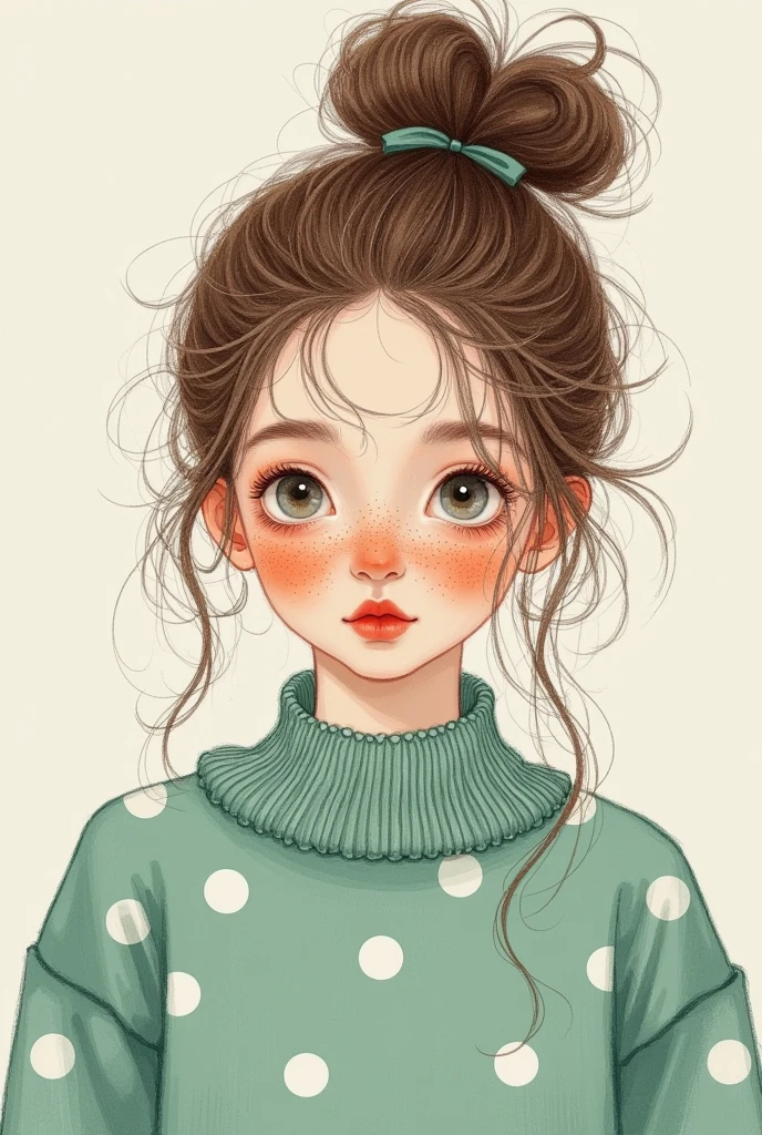 ( is of the best quality,4K,8K, high resolution,masterpiece:1.2),Super details,(actual,photoactual,photo-actual:1.37),Unique style, charming girl sitting,,Exaggerated hairstyle,hairy hair,Freckles,  exaggerated expression  , surrealism , duck egg green polka dot sweater ,细节,,hairy,sock,Clean background,Hand-drawn style,Pencil drawing, charming, Smooth Lines ,Clean silhouette,Simple composition 