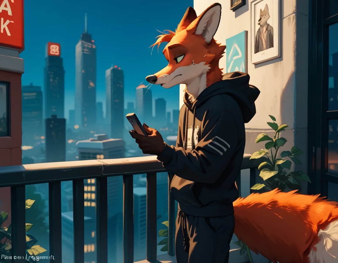 Outside, leaning againts balcony, New York City, night time. wearing a black hoodie, wearing black sweatpants, using phone, skinny, furry Red Fox, apartment building