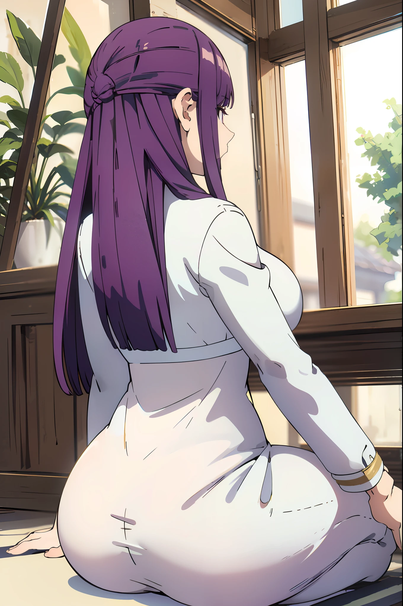 (obra maestra), (La mejor calidad), (Ultra detallado) ,(mejor ilustración), (mejor sombra), (Absurdos), (antecedentes detallados), Fern, 1girl, ass, breasts, dress, from behind, indoors, large breasts, long hair, long sleeves, purple hair, sitting, solo, white dress, window