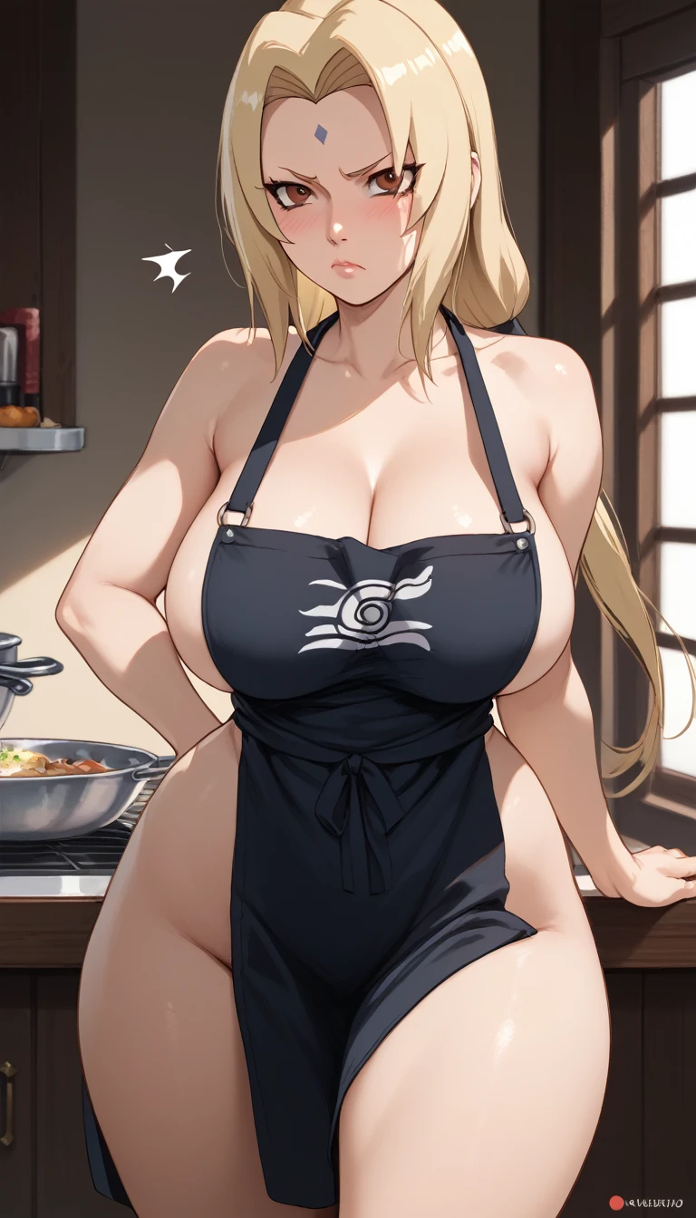 TsunadeSDXL, BREAK   TsunadeSDXL, 1girl, solo, long hair, breasts,  blush, blonde hair, large breasts, brown eyes, facial mark, Frowning, annoyed and blushing,  mature female, tsunade (naruto), Musluna, Wide hips, wide thighs, Big breasts, black apron, nude