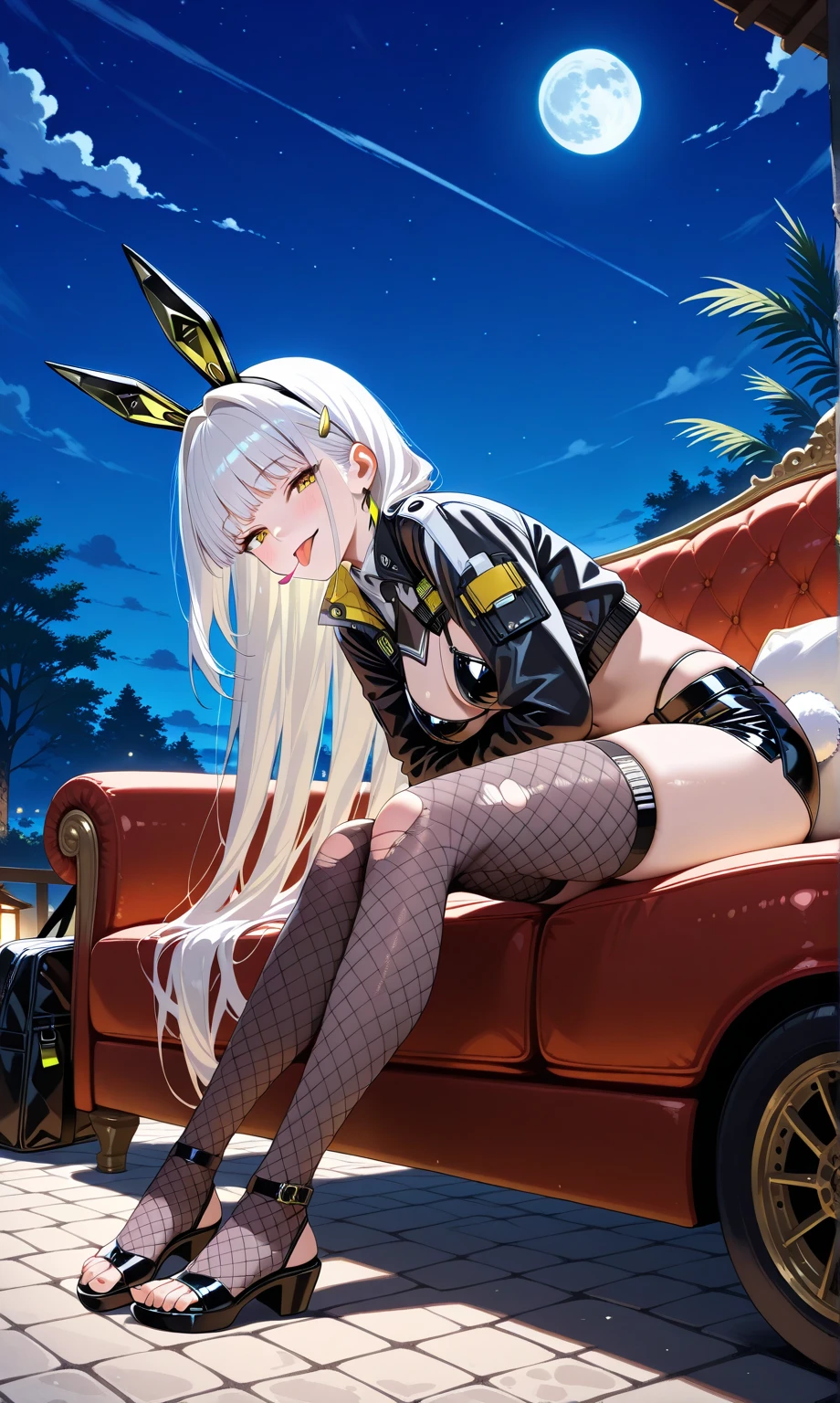 1girl, solo, blanc (nikke), (kagawa:0.5),(fujiwara:0.6),(honda:0.44),smile,stick tongue out,jacket,leaning forward, seductive smile, side angle,fake bunny ears, black leather bra, short pants, torn fishnet stockings and knee- high socks with ripped toes at her thighs and calves, sitting on worn out couch, outdoor, night, full moon, low horizon, small animal peeking out from bag beside her,masterpiece, best quality, absurdres