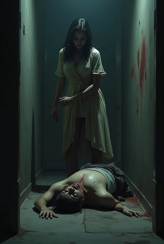 Woman with bloody clothes, and standing in front of a crib