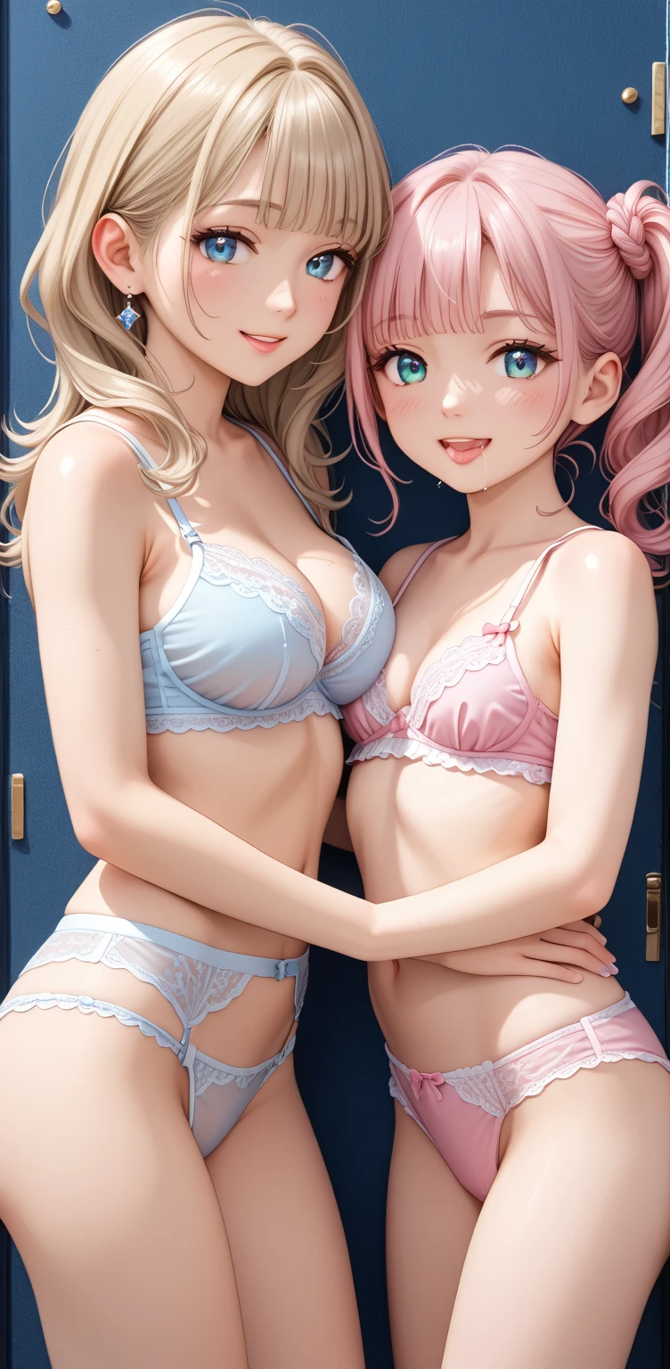 ((2 girls)), ((highest quality)), (super detailed), (very detailed CG 統合 8k 壁紙), very detailed, High-definition RAW color photo, professional photography, ((beautiful big breasts)), ((bare chest)), (pink hair ornament), peanut butter brown hair, wonderful face and eyes, pink eyes, (amazingly beautiful girl), School, (see-through sheer micro bra:1.6), , (pink babydoll lingerie:1.3)、(light blue babydoll lingerie:1.3)、Luxuriously designed and brightly colored panties、garter belt、camel toe,
