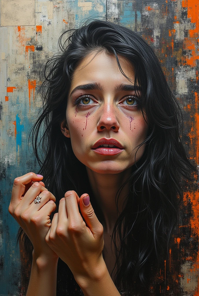 Drawing of a woman with her face broken and her hands on her face, tears dripping from the eyes, quadro emocional, crying tears, crying many tears, haunted and sad expression, tristeza personificada, with tears, perturbado, pintura triste emocional, with a hurt expression, tears flow from her eyes, choro e choro, with a sad expression, mulher chorando