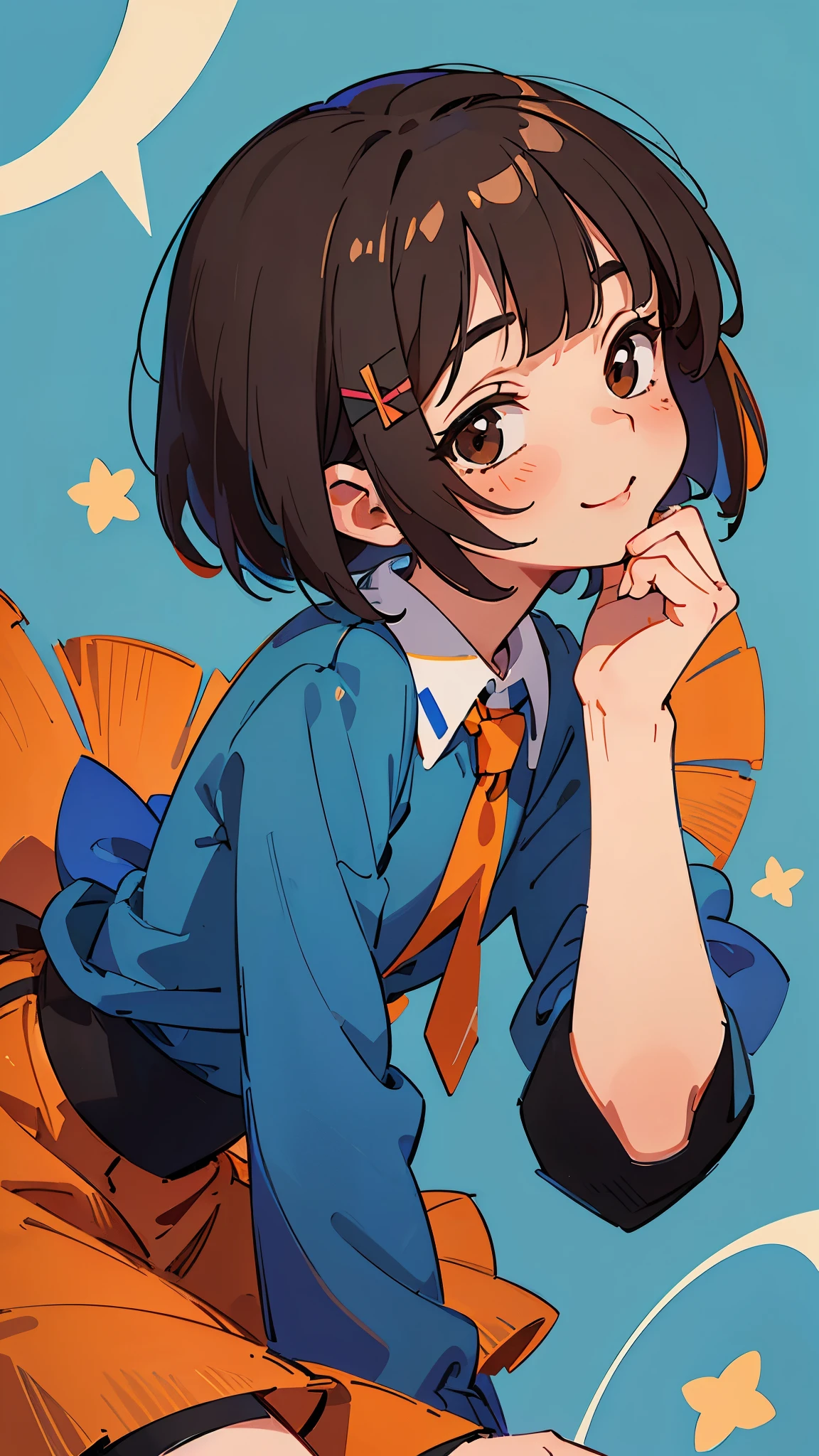 best quality、 high definition 、 detailed background、( beautiful face down to the smallest detail :1.4)、 Anatomically Accurate 、( detailed eyes on board:1.2)、 one girl 、From the side、Look away、 blue hair、 bob cut from the front、 jet black brown eyes 、 tie your hair with orange hair clips、 in a skirt {x} very detailed face、smile、 colorful background
