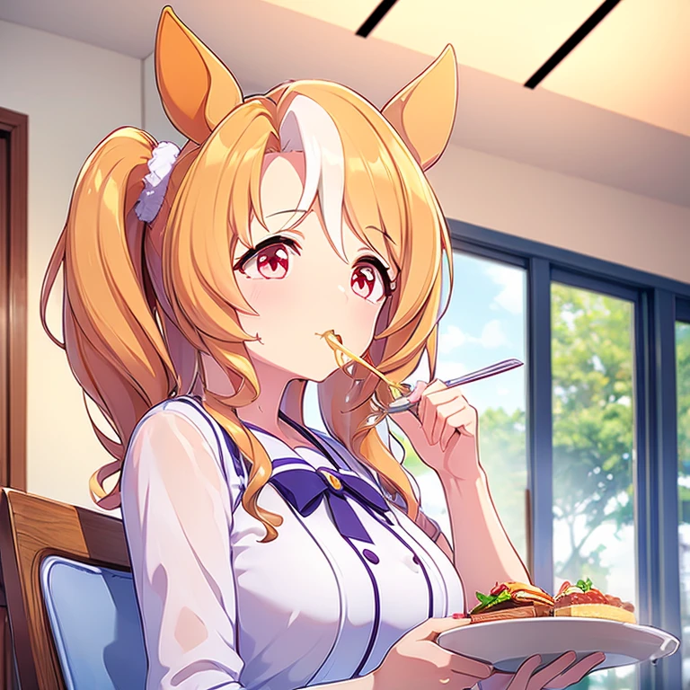 (((masterpiece))), (((best quality))), 1girl, fusaichi pandora \(umamusume)\, cafe, food, holding fork, eating, lunch, indoors, add_detail:1, add_detail:2, add_detail:1.5,add_detail:1, add_detail:0, add_detail:0.5,