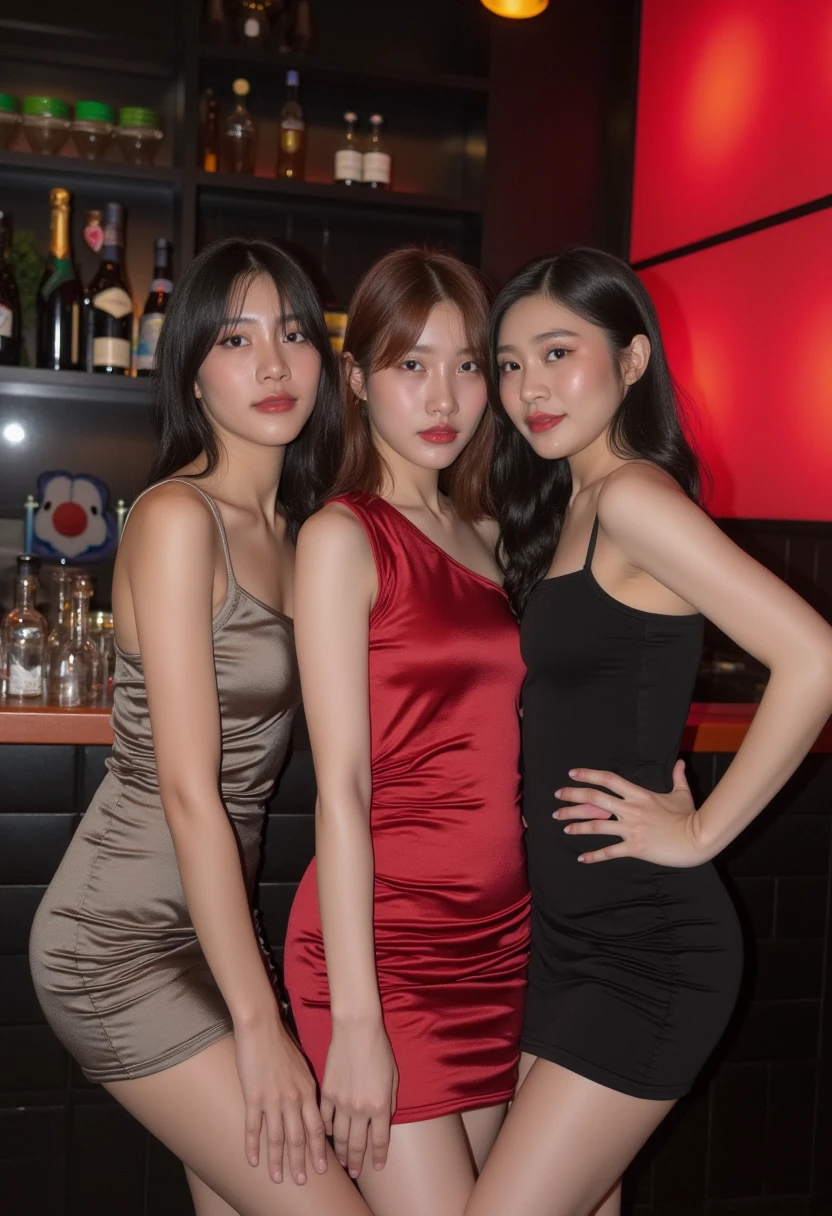 Theee women in tight dresses posing for a picture in a bar, taken in night club, three models in the frame, korean girls, young beautiful amouranth, nixeu and sakimichan, chillin at the club together, smooth in _ the background, 🔞🤡, her friend, photo of slim girl, alcohol, champange, sexy