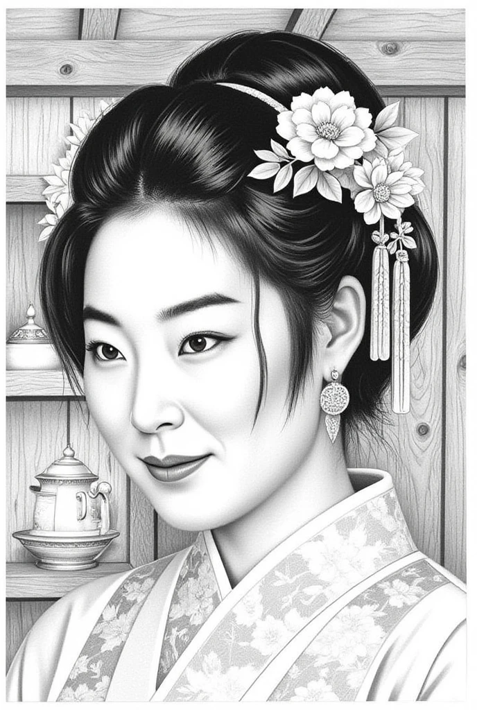 Japanese Lady in the wooden house ,pencil drawing ,wong-chan-flux