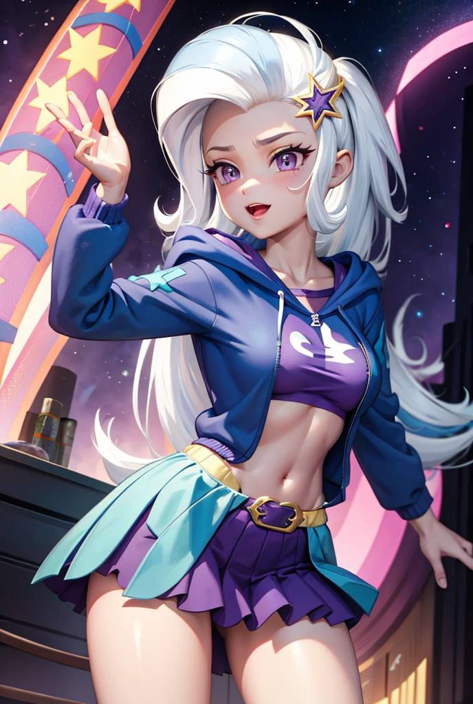 mlptrixie, colored skin, blue skin, star hair ornament, blue hoodie, hood down, purple skirt, skin tight, (underboob:0.9 vinylshirtskirt), (see ThRoUgH:1.1), ultra Details.