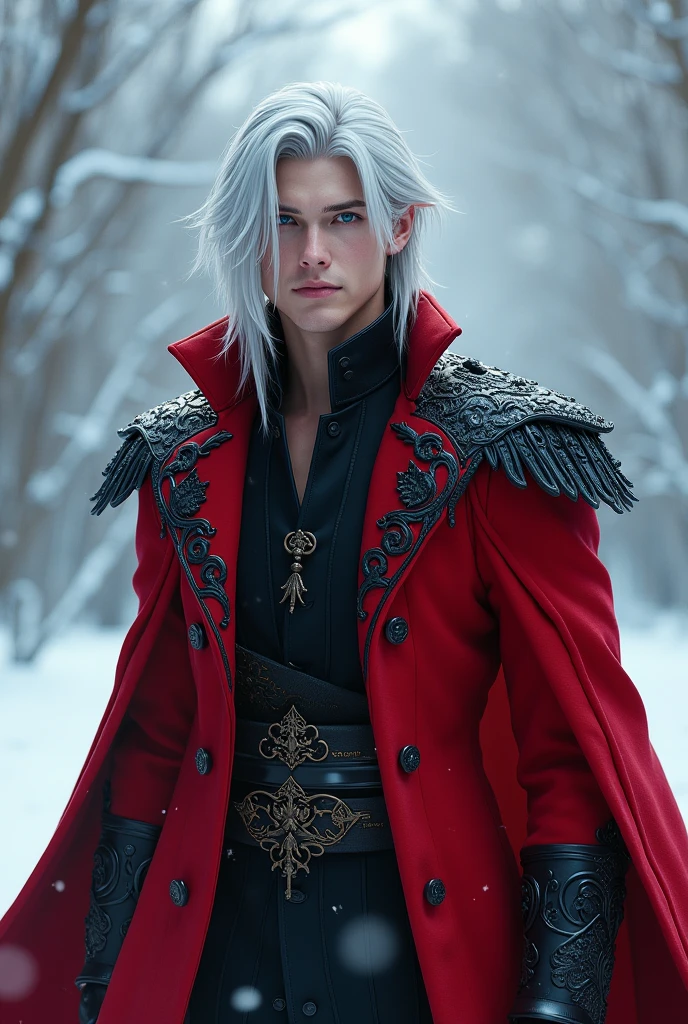 (master part) No mundo da fantasia medieval, A dynamic and epic scene unfolds as a boy with artfully combed white hair and red eyes walks confidently through a dark dungeon. His costume consists of a white suit that accentuates his powerful presence. in her hands, magia do fogo, pronto para enfrentar qualquer inimigo