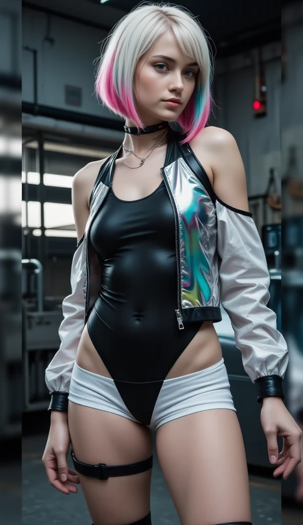 "Ultra-high resolution, UHD, ultra-detailed, hyper-realistic skin texture, high-quality rendering, photorealistic portrait of a character named Lucy from cyberpunk edge-runner, . She has a choppy bob hairstyle with asymmetrical, pure white hair styled in layered fashion, featuring short pink and blue highlights. One side of her hair is longer, reaching her shoulder, while the other side is shorter, stopping at her neck." she is wearing a black Deep neck glossy mesh leotard, white short length off shoulder glossy metallic transparent jacket, white glossy shorts under her leotard, and black thigh length glossy boots , her outfit styling is inspired by cyberpunk fashion, cyberpunk outfit , futuristic fashion , Lucy outfit , standing in robotic lab , 