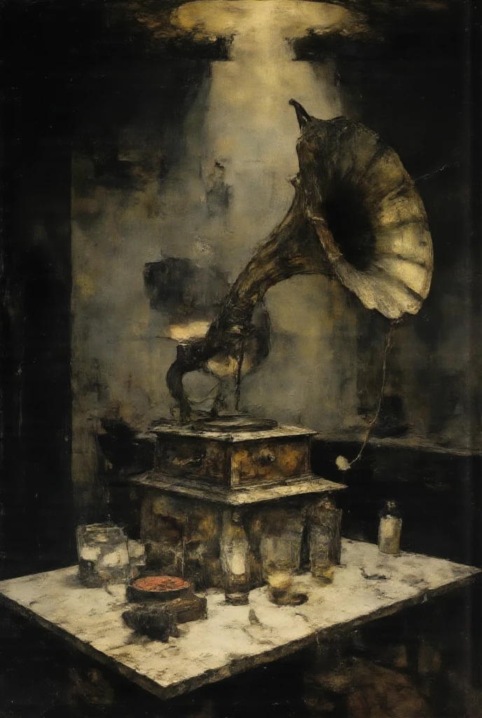 A broken and battered old gramophone is displayed in a dark house\(old and no one lives there anymore\). Light shines through the cracks in the wall and illuminates the gramophone beautifully, dust is drifting in the air, no one is there to listen to it anymore, lonely atmosphere.