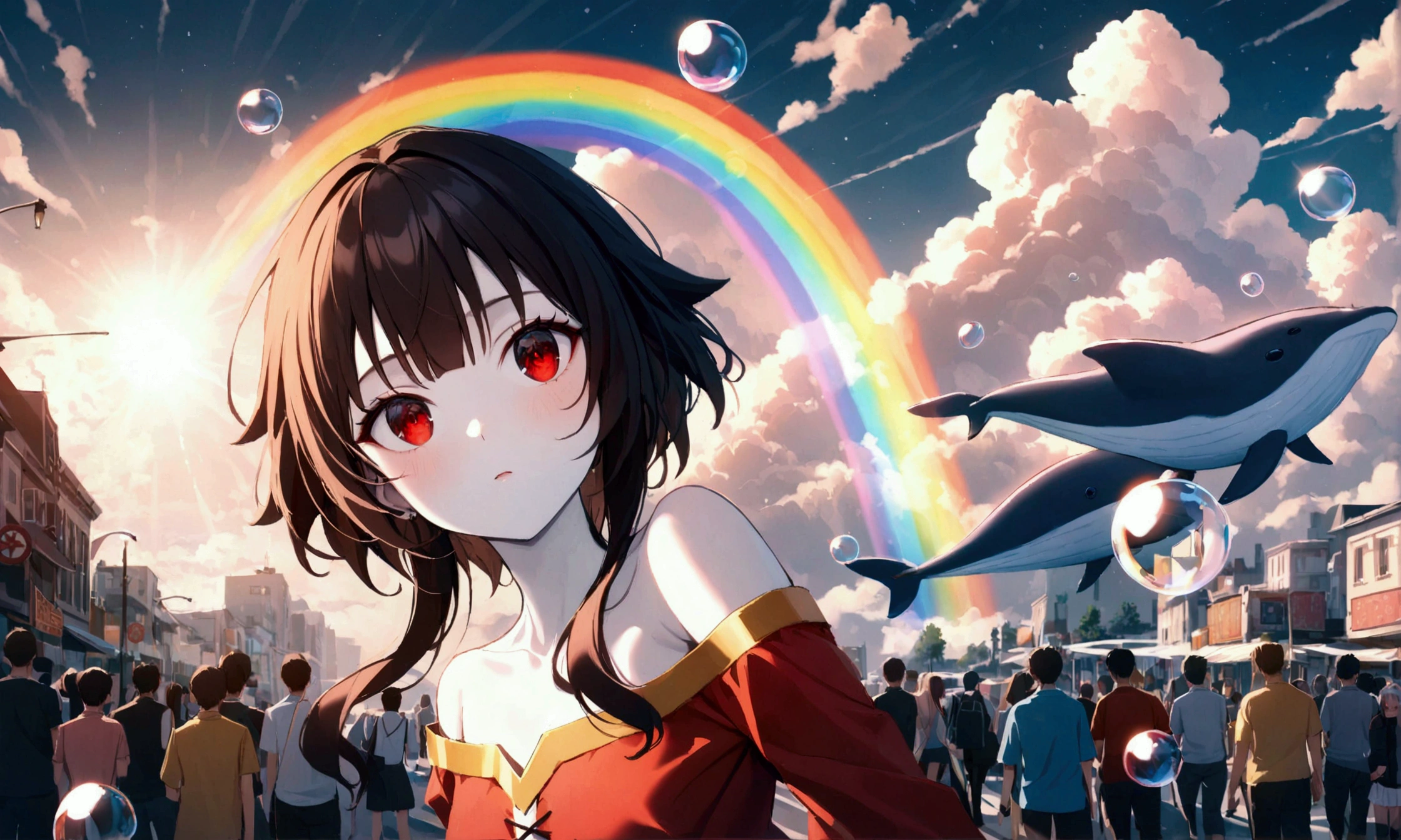 (woman\(student, Megumin, , Ｊc, Black short hair swaying , Red eyes, uniform, Pale skin)  looking up at the sky ), ( Big glass-colored whales are swimming through the air ), Beautiful sky, Beautiful Clouds, Colorful summer flowers are blooming everywhere ., ( Clear bubbles are shining like a rainbow here and there in the sky),  there is a noon moon and a midday star in the sky , It's a crowded downtown , break ,quality\(8k,非常に精細なcGユニットの wallpaper, masterpiece, high definition ,top-quality,top-quality real texture skin, surreal, Increase Resolution , RAW photo,最高quality, very detailed, wallpaper, Movie Lighting,[ ray tracing ,Golden Ratio\),(Long Hit), wide shot,