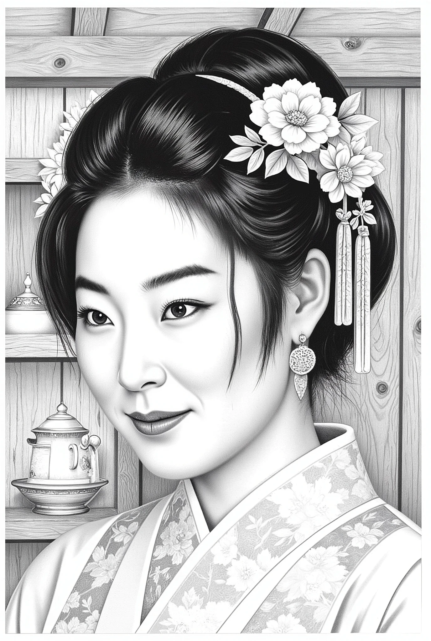 Japanese Lady in the wooden house ,pencil drawing ,wong-chan-flux