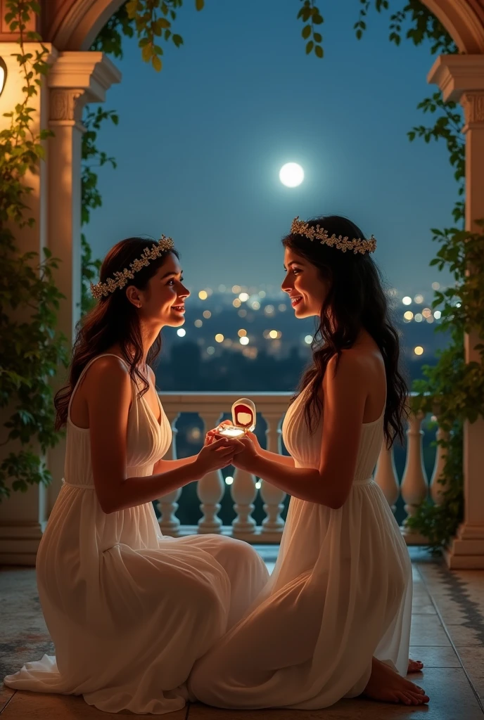 (masterpiece, highest quality, official art, beauty and aesthetic:1.5), two women is deeply in love with each other, kiss, romantic atmosphere, flower and moon, bathe in the moonlit breeze, magnificent panorama view