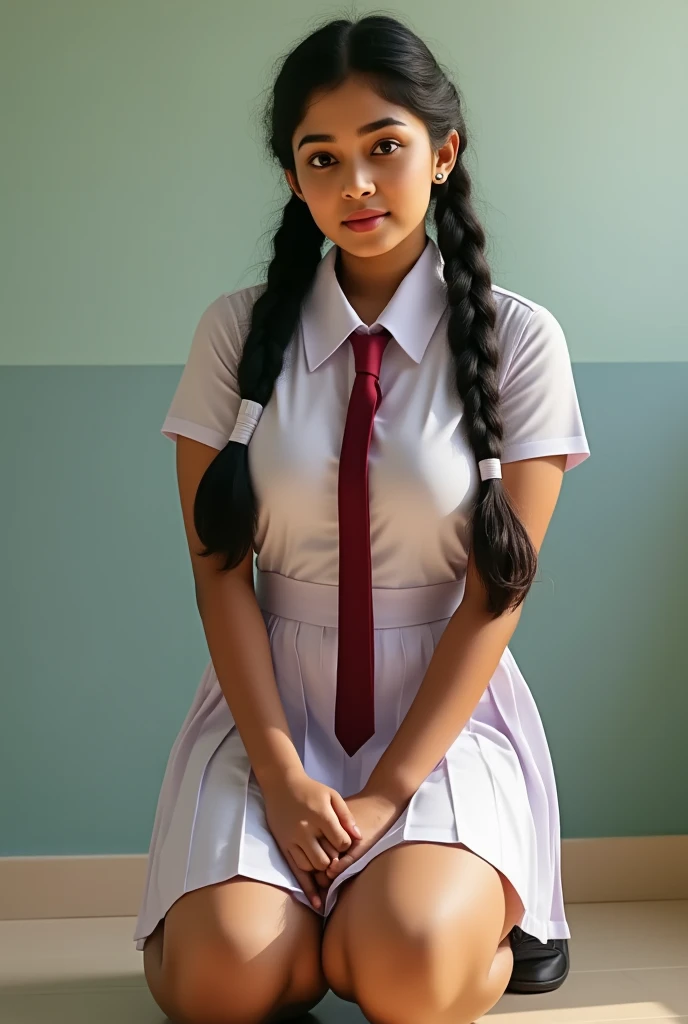 16yo,  cute indian  girl in school, school photo in school masterpiece, (photorealistic:1.7), best quality, beautiful lighting, cute girl , plum lips, 16yo Old, huge breasts which are too big for her shirt , lean figure, beautiful eyes, very long curly dark hair, wearing a mini Skirt, show her navel, school uniform,  kneel down on floor