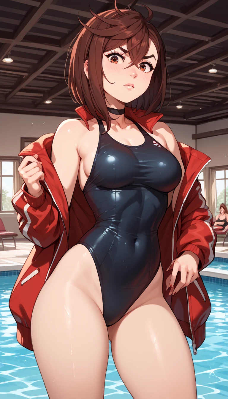 Momo Ayase medium hair, castanho jacket,  brown eyes,  medium breasts ,  thick thighs ,  posing in embarrassment,agachada,sexy [ red face, not, black swimsuit,  blushyspicy,pool club