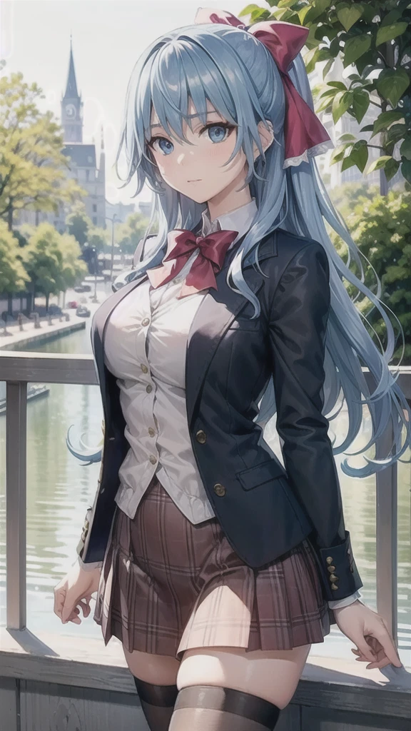 masterpiece, best quality,  Liselotte Cretia, 1girl, blue hair, long hair, hair between eyes, hair ribbon, blue eyes, large breasts, red bow, striped bow, blazer, blue jacket, long sleeves, plaid skirt, Brown skirt, black thighhighs, outdoors, cowboy shot, standing, looking at viewer,