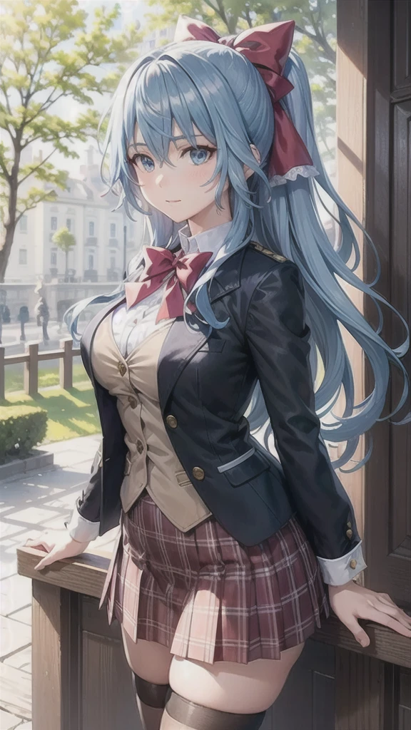 masterpiece, best quality,  Liselotte Cretia, 1girl, blue hair, long hair, hair between eyes, hair ribbon, blue eyes, large breasts, red bow, striped bow, blazer, blue jacket, long sleeves, plaid skirt, Brown skirt, black thighhighs, outdoors, cowboy shot, standing, looking at viewer,