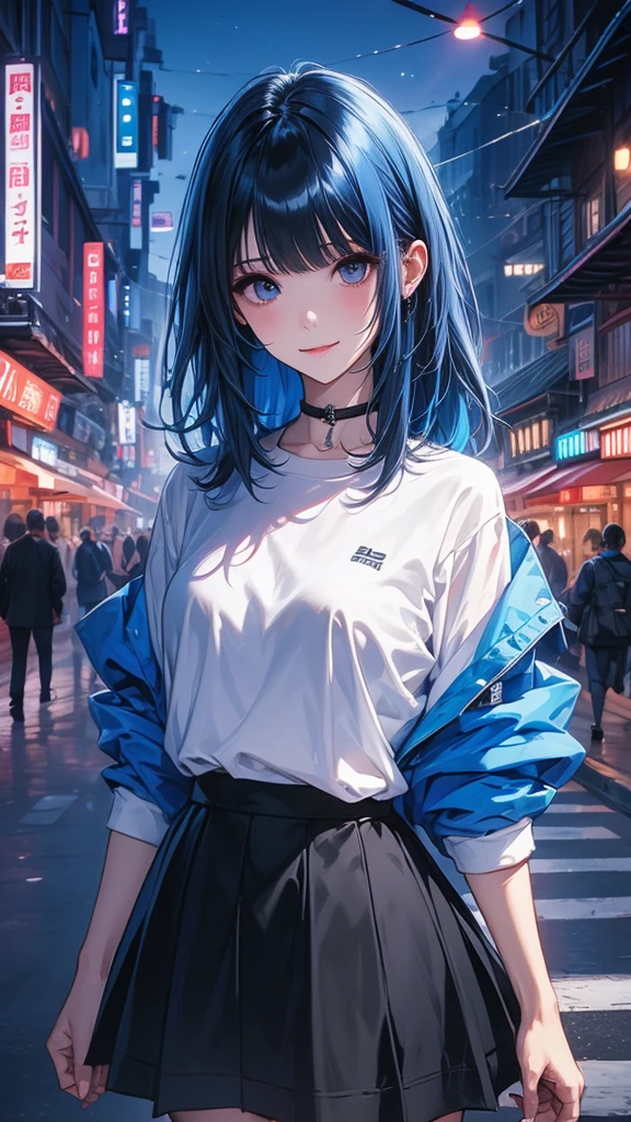 1 Girl, black_skirt,  blue_hair, architecture, City, Cityscape, hair_between_Eye, jacket, Check_exist_Check者, medium_hair, Colorful_hair, Multiple_The Boys, night, leave_Shoulder, exist户外, pleexisted_skirt, road, shirt, skirt, skyscraper,  Smile,  alone_Key Points, street, White_shirt