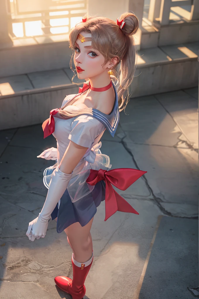 highres,absurdres,masterpiece,best quality,original,extremely detailed CG,extremely detailed wallpaper,perfect lighting,standing on the stage,blurry background,(from above),looking at viewer,
Taylor Swift as tsukino usagi,wearing sailor moon outfit, double bun,twintails,parted bangs,circlet,jewelry,earrings,choker,red bow,white gloves,elbow gloves,blue skirt,white high heel boots,