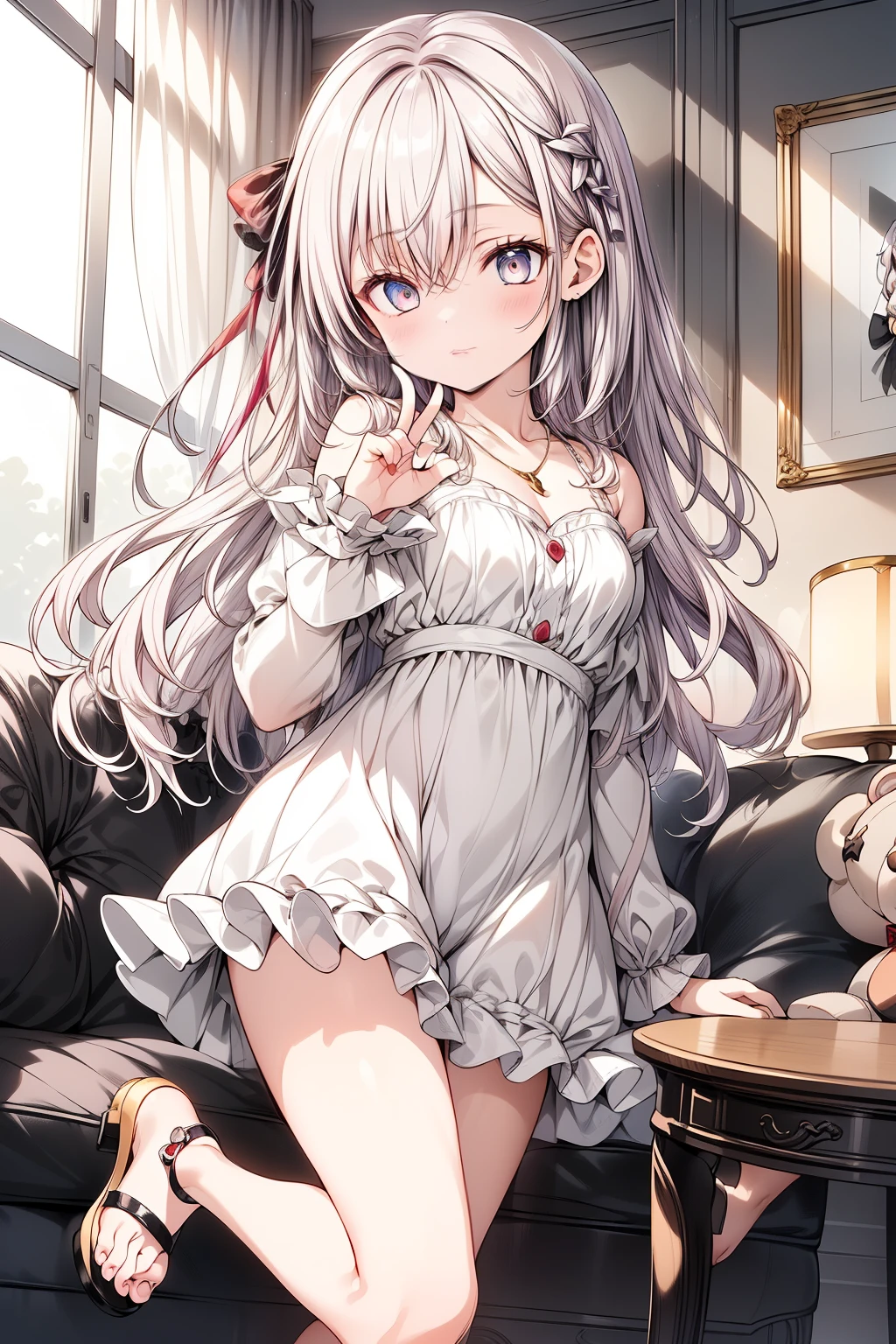 (masterpiece), (best quality), (ultra-detailed), (high resolution), (sharp focus), (anime style), (soft lighting)

Arya, (long white hair), (dark eyes), (slender yet petite figure), (cute, doll-like appearance), (tiny, delicate hands and feet), (small and innocent facial features), (gentle blush on her cheeks)

Outfit: (adorable miniature dress with lace, frills, and tiny bows), (matching tiny shoes or sandals), (delicate accessories like ribbons or a small necklace)

Props: (holding a small toy, such as a plush animal or a miniature accessory), (tiny, soft teddy bear or doll in hand), (sitting or standing in a cute, doll-like pose)

Scene: (indoors, cozy home setting, surrounded by soft lighting and pastel colors), (miniature furniture around her to emphasize her small size), (detailed decor with a whimsical, like feel)

Pose: (sitting or standing in a playful, doll-like pose), (hands delicately holding the small toy or placed on her lap), (slightly tilted head to give a curious or innocent look)

Comandos negativos: (deformed hands:1.5), (deformed fingers:1.5), (extra fingers:1.5), (bad anatomy:1.5), (weird proportions:1.5), (bad fingers:1.5), (bad hands:1.5)