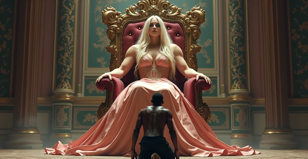 1man, 1woman. A beautiful and extremely muscular princess holds a very large man over her head. Gorilla press wrestling move. He is lying prone above her head. The princess is Robin Wright as Buttercup in the Princess Bride. She has long blonde hair and wears a white bridal dress and a silver crown. The princess is facing the viewer. The man is Andre the Giant as Fezzik. Obese, with gigantism, much larger than her, over 7 feet tall and 500 pounds. He has curly brown hair, and sideburns but beardless. He wears a loose gray shirt, simple blue pants and a wide leather belt.