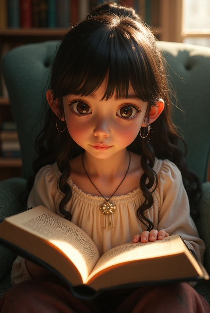 Girl who loves Jesus prays and reads the Bible. The girl is small, She's a ???. A menina tem apenas 5 anos de idade. A menina tem a pele marrom, olhos pretos, grandes e brilhantes. A menina tem cabelos longos e encaracolados. The girl is happy.