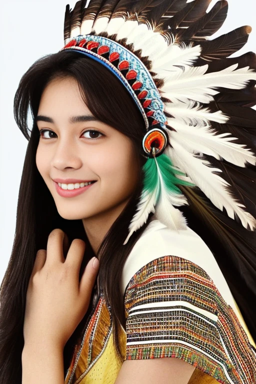  native American , Front View,  P－Trait 、 pretty girl  , 20 years old, ( black hair,  long two string hair brown eyes, Smile), in traditional Indian style costume, Sandals, Feather headdress, ( super detailed,   high detail ,  High Quality , Accurate, 解剖学的にAccurate, textured skin, beautiful fingers  super detailed,   high detail ,  High Quality , 最 High Quality )