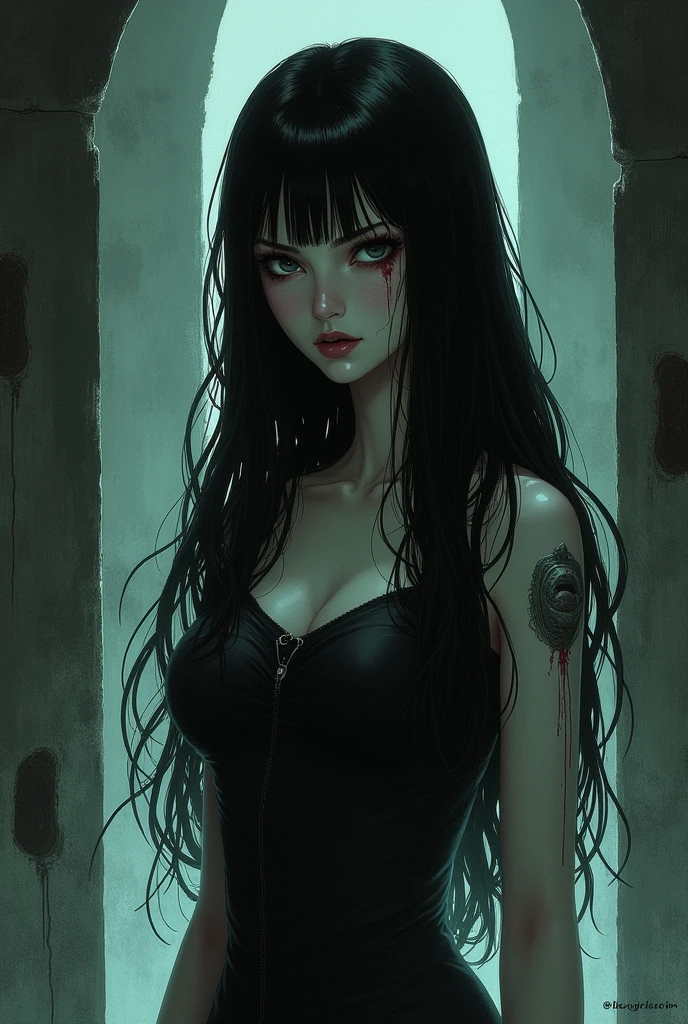 2D epic anime manga style, mysterious sorceress, disturbing scowl, crying leather dress, long black hair, white pale skin, in the shadows
